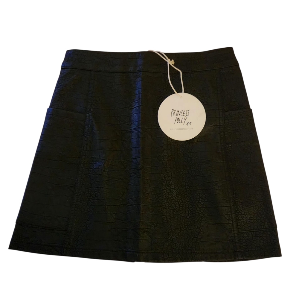 Princess Polly xx Dynasty Mini Skirt Black Croc-Embossed Like A-Line Skirt